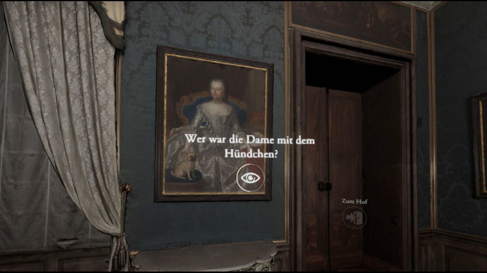 Blicksteuerung in VR: Ein Gemälde im Schloss zeigt die Frage Wer war die Dame mit dem Hündchen und ein Augensymbol als Blickziel