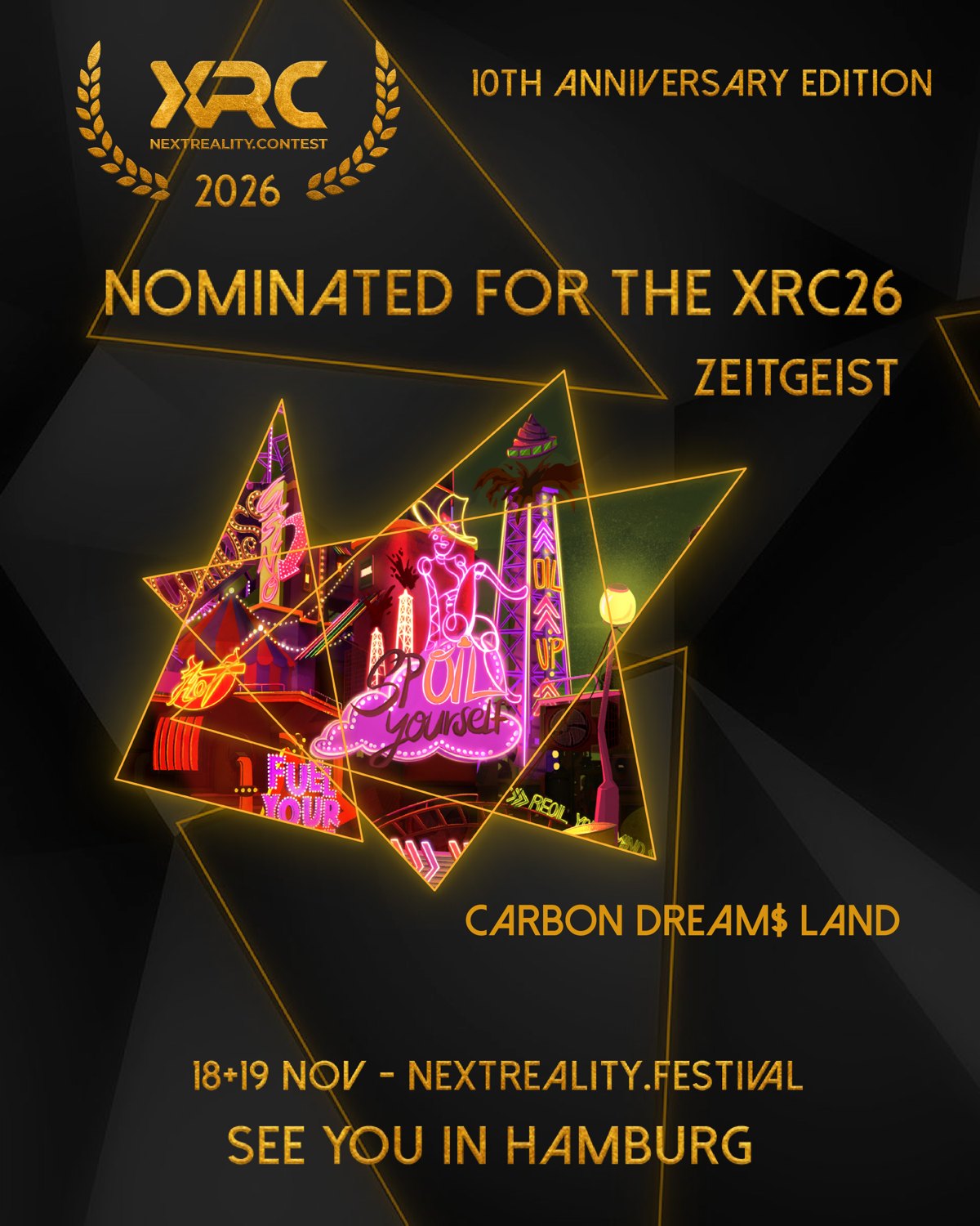 Nominated for the XRC26, Kategorie Zeitgeist: das Nominierten-Visual des nextReality.Contest 2026 für Carbon Dream$ Land