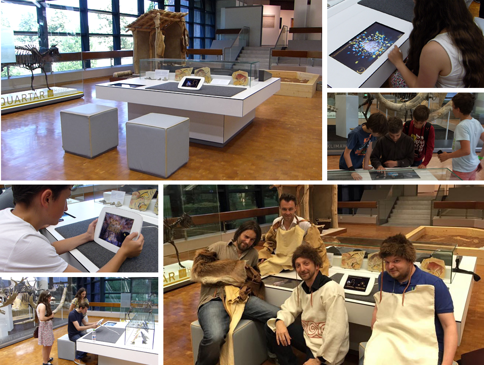 Besucher:innen am Multitouch-Tisch mit dem Vasenpuzzle im Naturkundemuseum Stuttgart