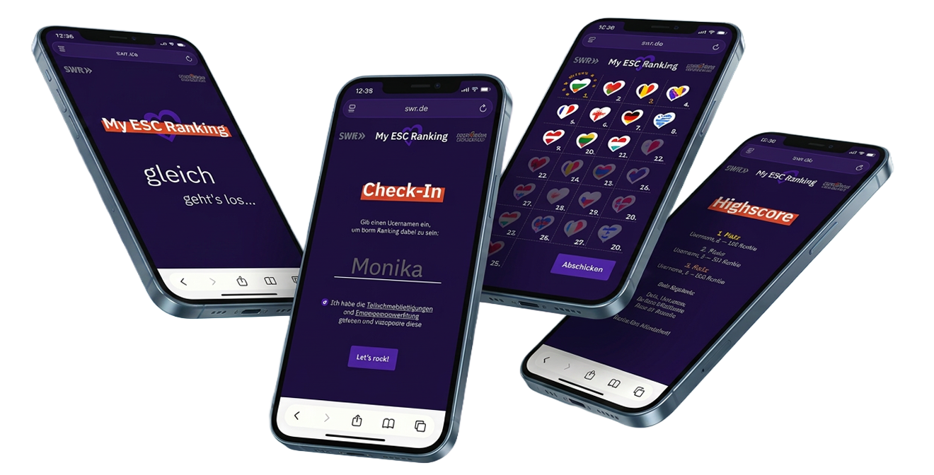 SWR ESC Voting Game — app screens of the mobile voting game